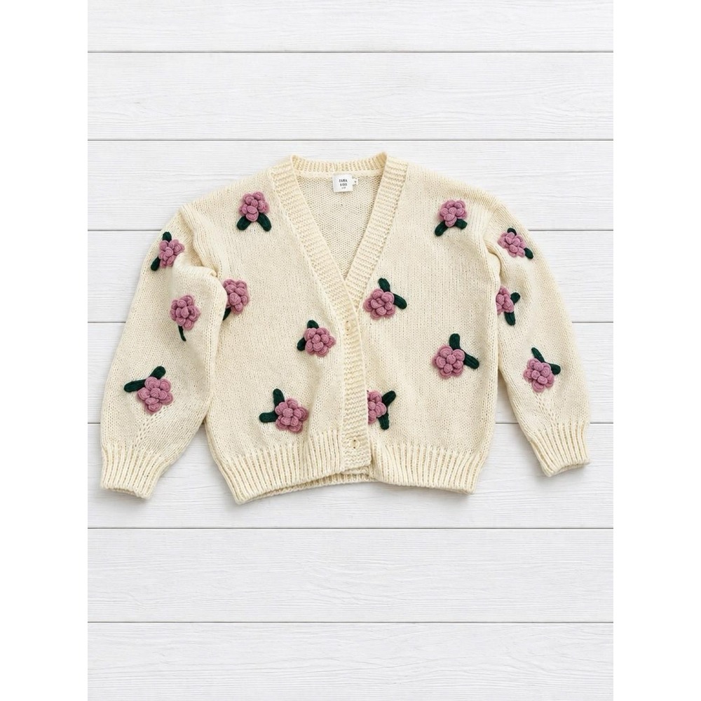 Luna Ivy Dusty Rose Chunky Floral Applique Cardigan Cream Sweater Medium